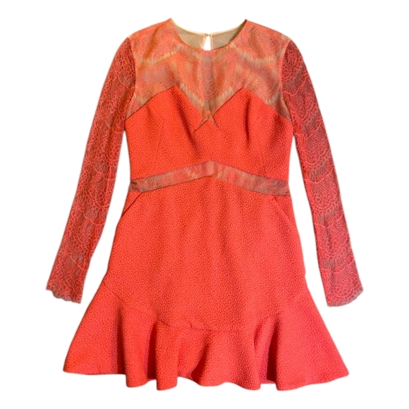 THREE FLOOR One Oh One Paradise Pink Lace Fit & Flare Mini-Dress Long Slvs Sz 8 - Picture 2 of 16